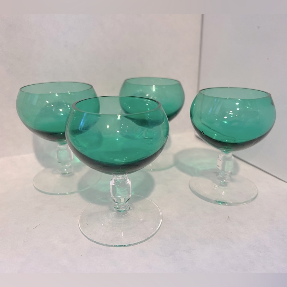 Mid century, Green glass, A lot of 4, clear stem small shot/ sip glasses